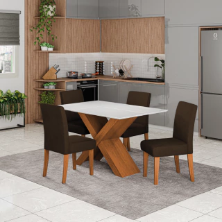 Conjunto de Mesa Sala de Jantar Tampo com Vidro 1,36m Grécia 4 Cadeiras Trieste Dobuê