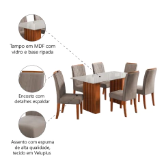 Conjunto de Mesa Sala de Jantar Ripada Tampo com Vidro Santiago 1,80m 6 Cadeiras Grécia Dobuê — foto 6