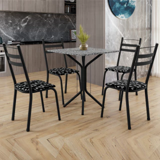 Conjunto Sala De Jantar Mesa Thais Com 4 Cadeiras 0,70m Granito Ocre Preto/Floral Artefamol