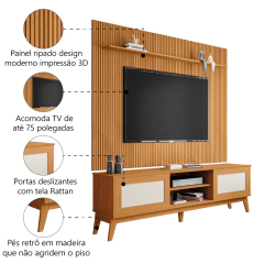 Rack Bancada Cairo Com Painel Para TV Até 75 Polegadas 1,79m Avante Cedro Ripado Impressão 3D EDN — foto 4