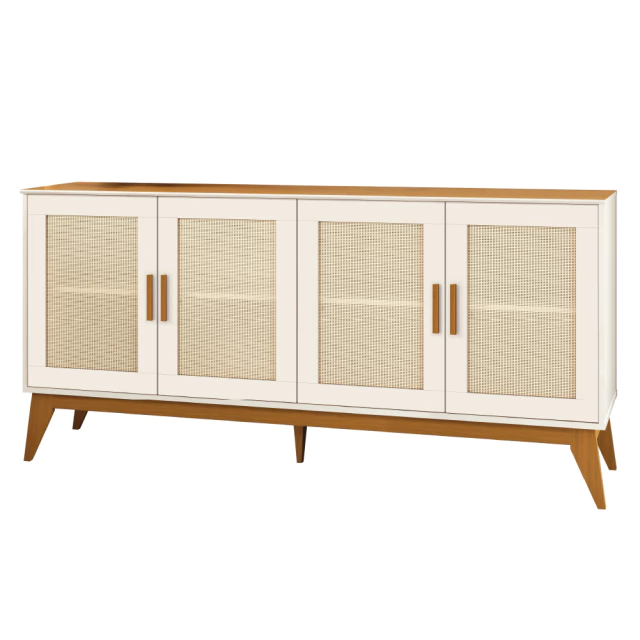 Balcão Buffet Aparador Retrô 4 Portas Rattan Andorra Madeirado / Off White EDN
