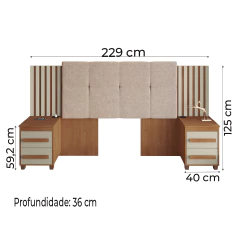 Cabeceira Casal Extensível com 2 Mesas de Apoio Ripado e Estofado Cinamomo/Off White Suíça RV Móveis — foto 3