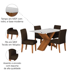 Conjunto de Mesa Sala de Jantar Tampo com Vidro 1,36m Grécia 4 Cadeiras Trieste Dobuê — foto 6