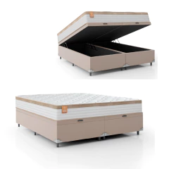 Cama Box Baú Colchão Casal King Molas Ensacadas Real 193x203x68cm Bege / Branco Inducol — foto 1