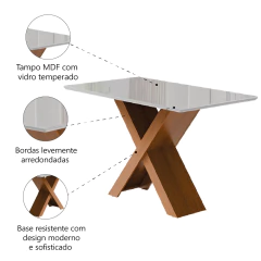 Mesa Sala de Jantar Tampo com Vidro 1,60m Grécia Madeirado/Off White Dobuê — foto 3