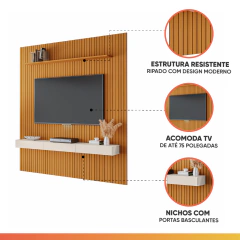 Painel para TV até 75 Polegadas 2,25x2,40m Ripado com Nicho Arbo Cedro/Off White EDN — foto 4