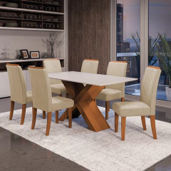 Conjunto de Mesa Sala de Jantar Tampo com Vidro 1,60m 6 Cadeiras Grécia Dobuê — foto 2