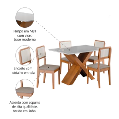 Conjunto de Mesa Sala de Jantar Tampo com Vidro 1,36m Grécia 4 Cadeiras Santiago Dobuê — foto 11