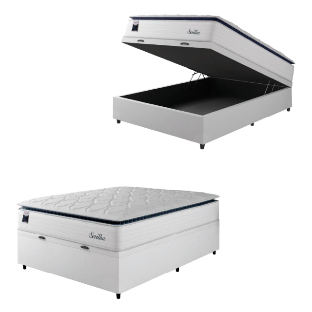 Cama Box Baú Casal Colchão Molas Ensacadas Com Pillow Sevilha 138x188x74cm Branco/Cinza Hellen