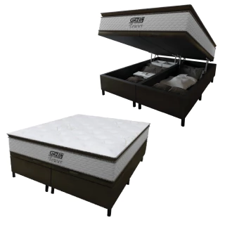 Cama Box Baú King Gazin Colchão Molas Ensacadas Com Pillow Top Tower 193x203x75cm Branco / Marrom