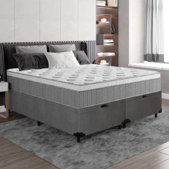Cama Box Baú Casal Queen Colchão Molas Ensacadas Ômega 158x198x73cm Cinza / Branco Hellen — foto 2