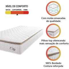 Colchão Solteiro Molas Ensacadas City Pillow Top 88x188x23cm Branco / Bege Hellen - Suporta até 110k — foto 3