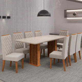 Conjunto de Mesa Sala de Jantar Tampo com Vidro Mond 2m 8 Cadeiras Bele Veludo Viero