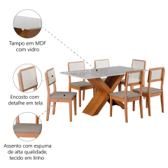 Conjunto de Mesa Sala de Jantar Tampo com Vidro 1,60m Grécia 6 Cadeiras Santiago Dobuê — foto 5