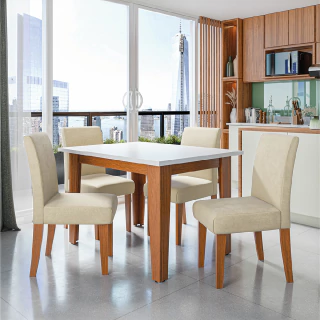 Conjunto Sala de Jantar Mesa Miami 1,20m 4 Cadeiras Trieste Madeirado/Bege Dobuê