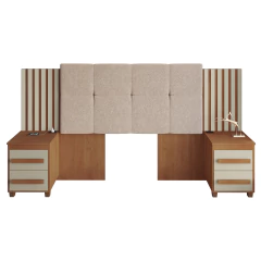 Cabeceira Casal Extensível com 2 Mesas de Apoio Ripado e Estofado Cinamomo/Off White Suíça RV Móveis — foto 1