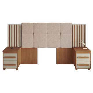 Cabeceira Casal Extensível com 2 Mesas de Apoio Ripado e Estofado Cinamomo/Off White Suíça RV Móveis