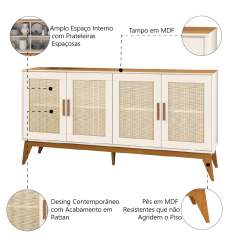 Balcão Buffet Aparador Retrô 3 Portas Rattan Andorra Madeirado / Off White EDN — foto 5