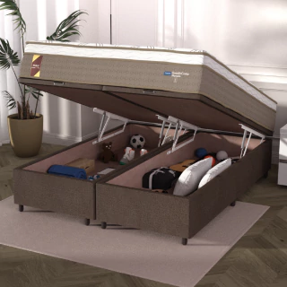 Cama Box Baú Casal Queen Colchão Molas Ensacadas Guarda Costas Alameda Probel 158x198x71cm Suede Marrom / Branco