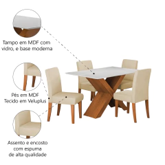 Conjunto de Mesa Sala de Jantar Tampo com Vidro 1,36m Grécia 4 Cadeiras Trieste Dobuê — foto 11