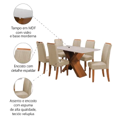 Conjunto de Mesa Sala de Jantar Tampo com Vidro 1,60m 6 Cadeiras Grécia Dobuê — foto 5