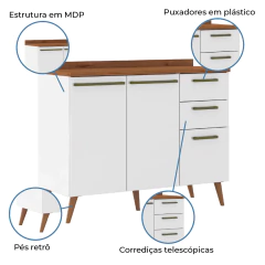 Balcão de Cozinha 2 Portas e 3 Gavetas com Tampo 1,20m Favorita — foto 3