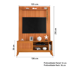 Rack Bancada Aruba Com Painel Para TV Até 55 Polegadas 1,35m Egeo Cedro Ripado Impressão 3D EDN — foto 3
