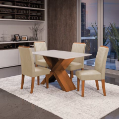 Conjunto de Mesa Sala de Jantar Tampo com Vidro 1,36m 4 Cadeiras Grécia Dobuê — foto 2