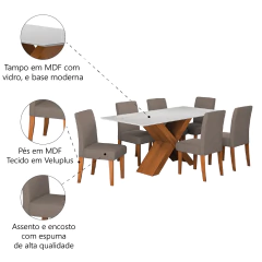 Conjunto de Mesa Sala de Jantar Tampo com Vidro 1,80m Grécia 6 Cadeiras Trieste Dobuê — foto 11