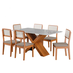 Conjunto de Mesa Sala de Jantar Tampo com Vidro 1,60m Grécia 6 Cadeiras Santiago Dobuê — foto 1