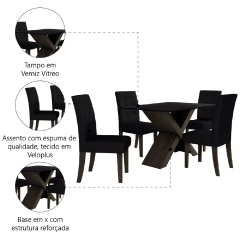 Conjunto Mesa Preto Dubai 1,35m Mdf Com 4 Cadeiras Castanho — foto 5