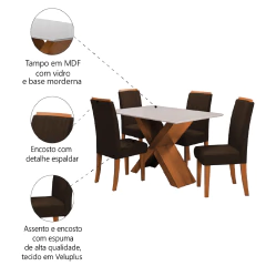 Conjunto de Mesa Sala de Jantar Tampo com Vidro 1,36m 4 Cadeiras Grécia Dobuê — foto 11