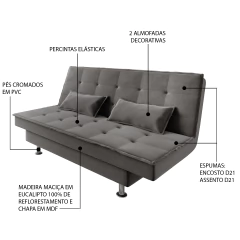 Sofá Cama 3 Lugares 1,84m Andradas Veludo Suede Cinza Mamflex — foto 5