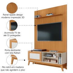 Rack Bancada Caribe Com Painel Para TV Até 55 Polegadas 1,35m Egeo Cedro/Off White Ripado Impressão — foto 4