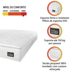 Colchão Casal Espuma D45 Lazio Pillow Top 138x188x24cm Branco Hellen - Suporta Até 150 Kg Por Pessoa — foto 3