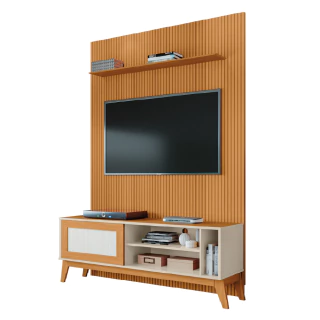 Rack Bancada Caribe Com Painel Para TV Até 55 Polegadas 1,35m Egeo Cedro/Off White Ripado Impressão
