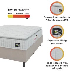 Cama Box Casal Colchão Espuma D45 Lazio Pillow Top 138x188x62cm Suede Branco/Bege Hellen — foto 5