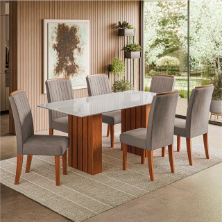 Conjunto de Mesa Sala de Jantar Ripada Tampo com Vidro Santiago 1,80m 6 Cadeiras Grécia Dobuê