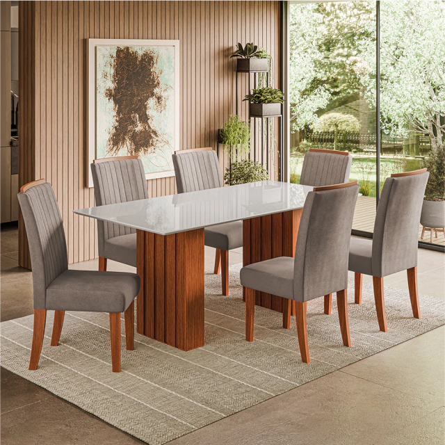 Conjunto de Mesa Sala de Jantar Ripada Tampo com Vidro Santiago 1,80m 6 Cadeiras Grécia Dobuê