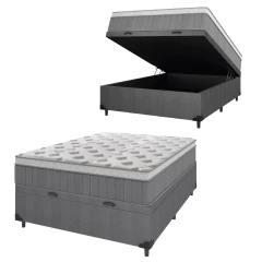 Cama Box Baú Casal Colchão Molas Ensacadas Ômega 138x188x73cm Cinza / Branco Hellen - Suporta até 11 — foto 1