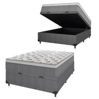Cama Box Baú Casal Colchão Molas Ensacadas Ômega 138x188x73cm Cinza / Branco Hellen - Suporta até 11