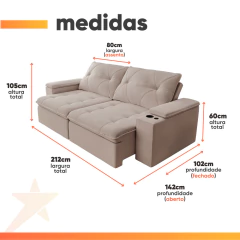 Sofá Retrátil e Reclinável 3 Lugares 2,12m c/ Porta Copos Entrada USB Veludo San Diego — foto 3