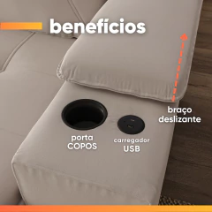 Sofá Retrátil e Reclinável 3 Lugares 2,12m c/ Porta Copos Entrada USB Veludo San Diego — foto 5