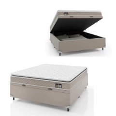 Cama Box Baú Casal Colchão D45 com Pillow Top Hellen Strong Bege 138x188x65cm Suporta até 150kg — foto 1