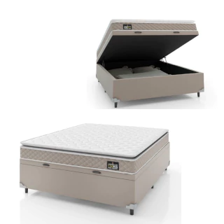 Cama Box Baú Casal Colchão D45 com Pillow Top Hellen Strong Bege 138x188x65cm Suporta até 150kg