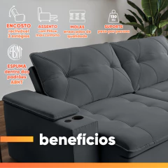Sofá Retrátil e Reclinável 4 Lugares 2,52m c/ Porta Copos Entrada USB Veludo San Diego — foto 10