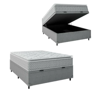 Cama Box Baú Casal Colchão Molas Ensacadas Pillow Top Perfect 138x188x74cm Cinza/Branco Umaflex - Su