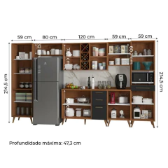 Armário De Cozinha Completa Vidro Reflecta Com Adega 11 Portas 4 Gavetas Favorita Preto /Nature — foto 3