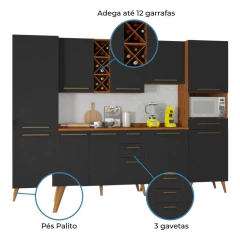 Armário De Cozinha Completa Com Adega 10 Portas 4 Gavetas Favorita Preto/Nature — foto 4