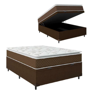 Cama Box Baú Casal Colchão Molas Ensacadas Pillow Top Martino 138x188x66cm Marrom/Branco Umaflex - S